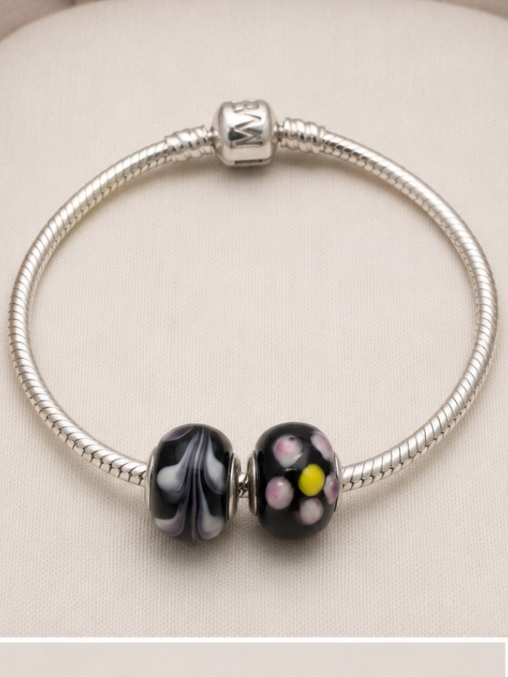Lot of 2 Black Murano Glass Style European Charm Beads - Floral & Swirl